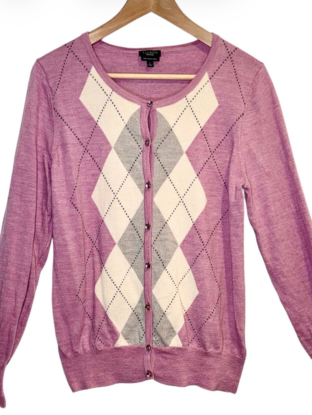 Talbots Button Up Argyle Pink Pure Italian Merino Wool Knit Cardigan Sweater